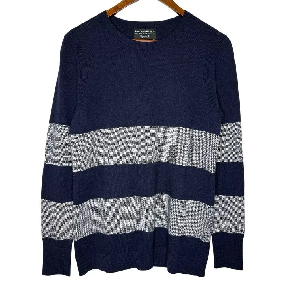 NWOT Banana Republic‎ S Cashmere Merino Wool Sweater Navy Rugby Stripe Pullover